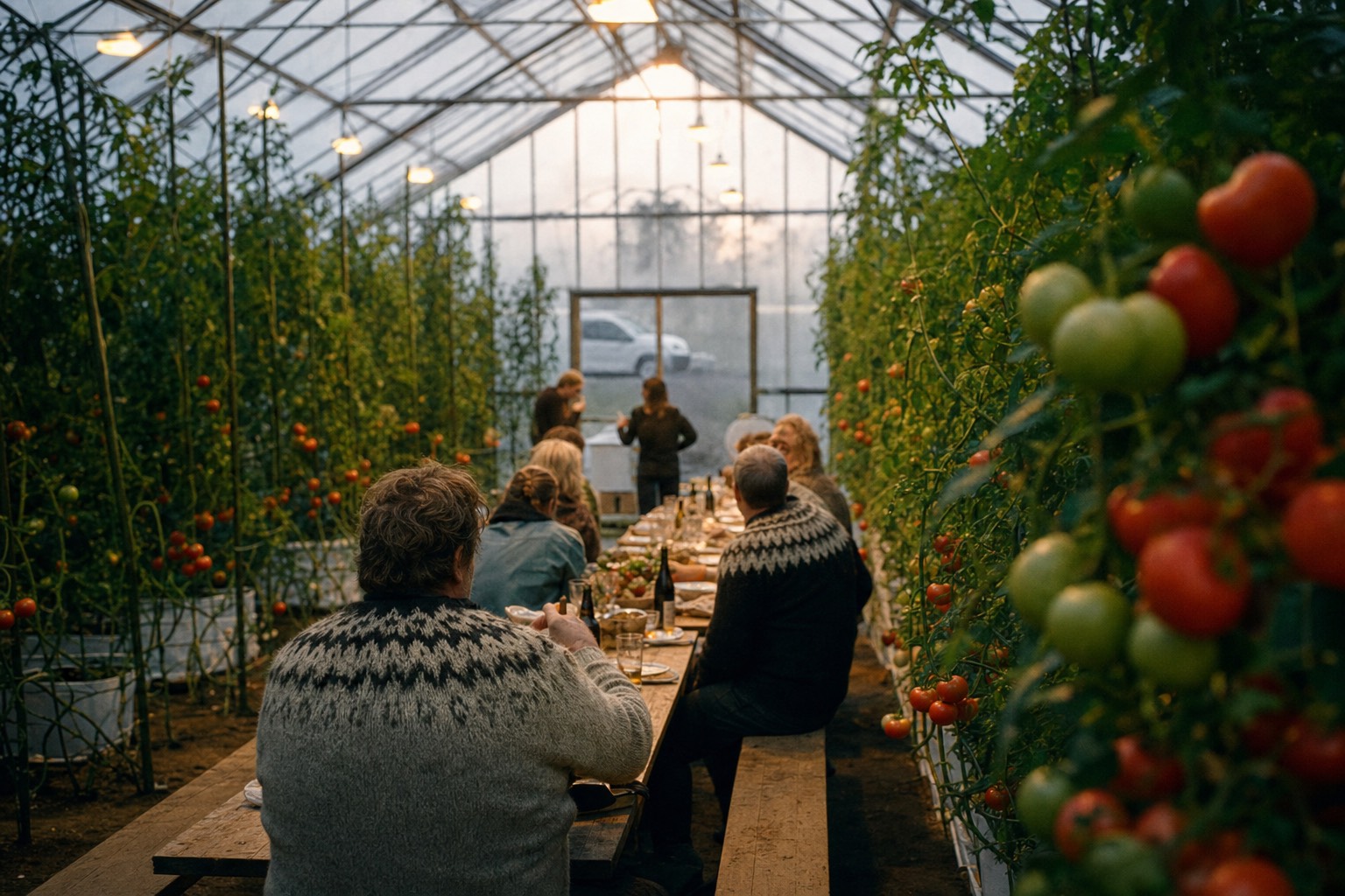 Long lunch tables set between rows of tomato vines inside the Friðheimar greenhouse in Iceland