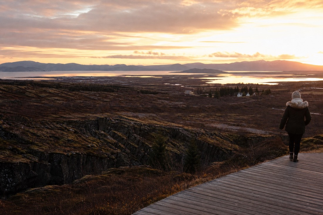 View from the Hakið overlook at Þingvellir across the rift valley under overcast light