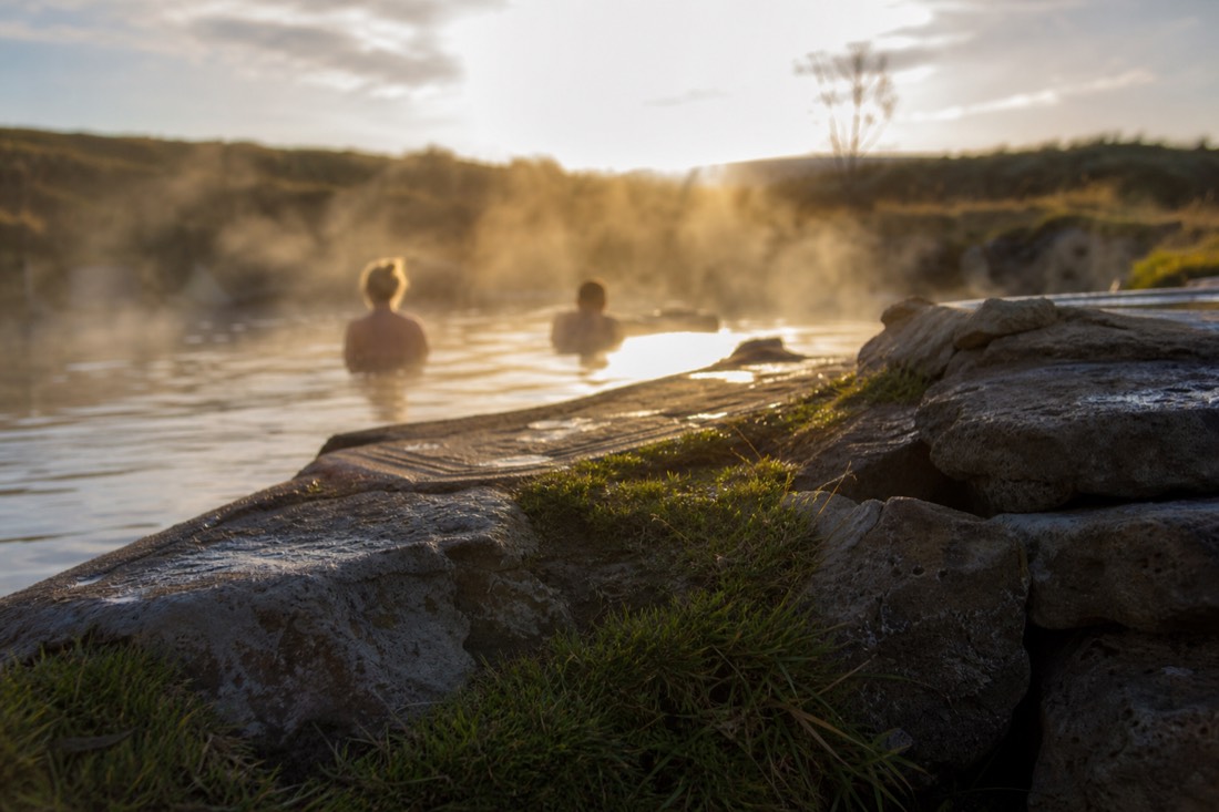 Steam drifting over the Secret Lagoon geothermal pool at Flúðir